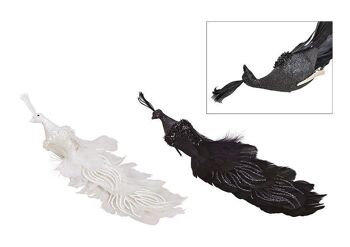 Paon avec clip en plastique, plume noir, blanc 2 plis, (L / H / P) 34x10x10cm