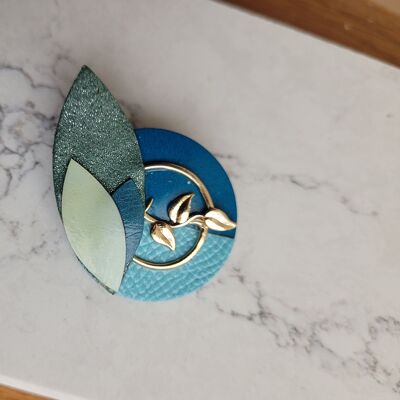 Broche de follaje turquesa en piel reciclada y borla bañada en oro, accesorio de joyería para mujer