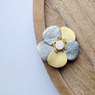Yellow and silver cherry blossom in recycled leather and gold plated