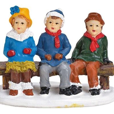 Miniature children on multi-colored poly bench (W / H / D) 6x4x3cm