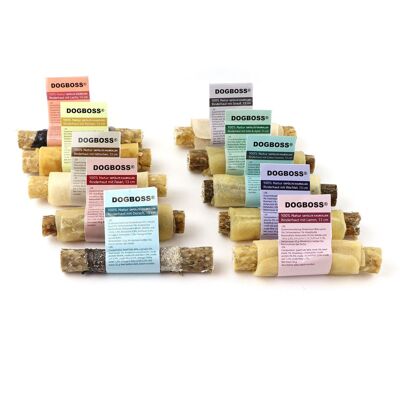 DOGBOSS Rollos masticables rellenos 100% naturales, juego de muestra de 10 13 cm (8x50g + 2x32g = 464g)