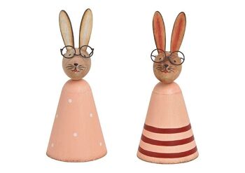 Lapin à lunettes en métal, bois rose / rose 2 compartiments (L / H / P) 6x15x6cm