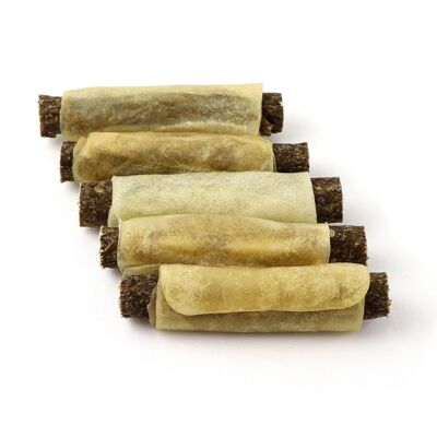 DOGBOSS Rouleaux à mâcher fourrés 100% naturel, peau de bœuf et Cistus Incanus, lot de 5 en 13 cm (5x50g=250g) ou 17 cm (5x50g=375g)