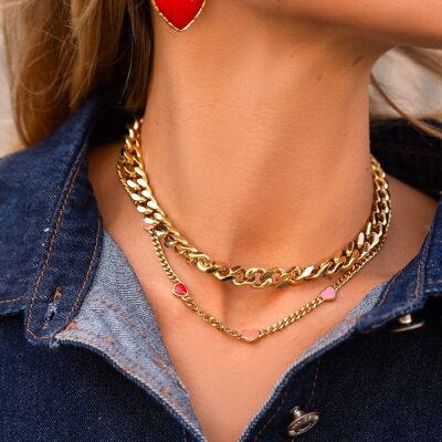 Elisca necklace - choker, curb chain and enamel hearts