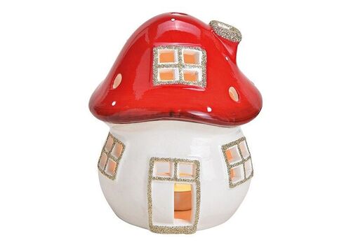 Windlicht Pilz Haus aus Keramik Rot