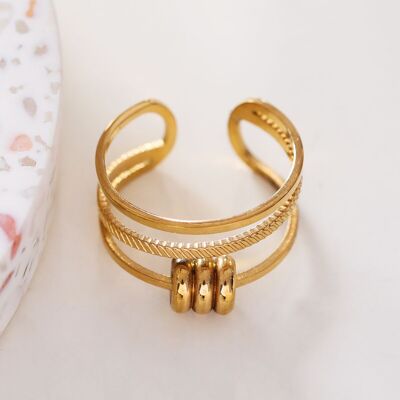 Anillo triple lineas dorado con ruedas