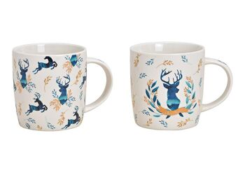 Mug décor cerf en porcelaine bleu, or 2 fois, (L/H/P) 12x9x9cm 300ml