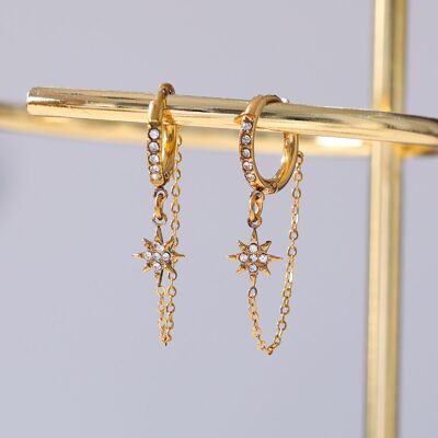 Gold mini hoop earrings with chains and stars