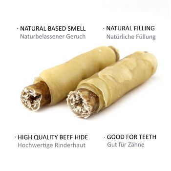 DOGBOSS Rouleaux à mâcher fourrés 100% naturel, peau de bœuf au faisan, lot de 5 en 13 cm (5x50g=250g) ou 17 cm (5x75g=375g) 3