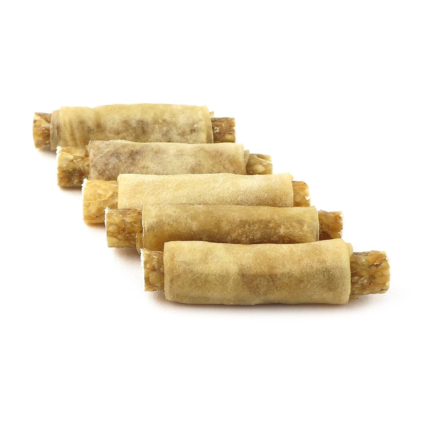 DOGBOSS Rollitos masticables rellenos 100% naturales, piel de ternera con pollo, juego de 5 en 13 cm (5x50g=250g) o 17 cm (5x75g=375g)