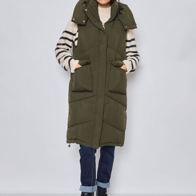 Sleeveless down jacket - long thick with removable hood