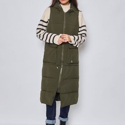 Sleeveless down jacket - long with hood and adjustable
