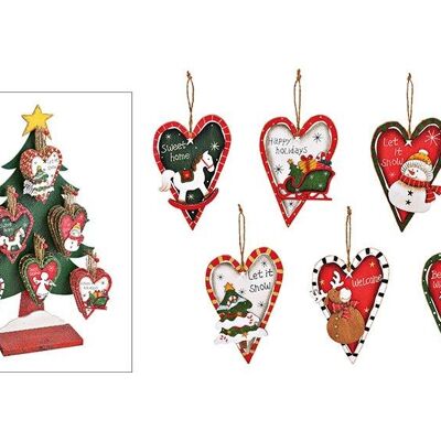 Colgador navideño corazón motivo navideño 48 piezas en exhibición de árbol de madera, 6 pliegues (An / Al / Pr) 10x14x0,5 cm