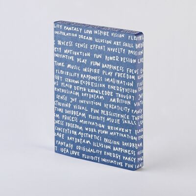 Word Plays - Graphic L | Notebook A5+ | Dotted Journal | 3.5mm dot grid | 256 numbered pages | 120g premium paper | recycled denim material | sustainably produced in Germany