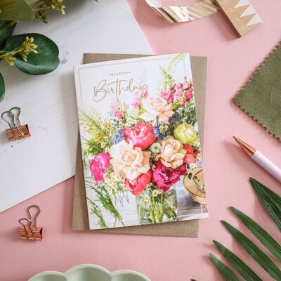Happy Birthday Flower Vase Foiled Greeting Card