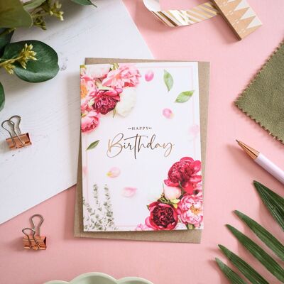 Happy Birthday Peonies Foiled Greeting Card