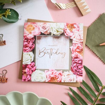 Happy Birthday Peonies Roses Foiled Greeting Card