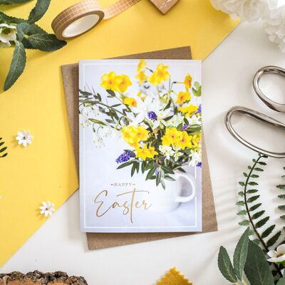 Happy Easter Daffodil Vase Foiled Greeting Card