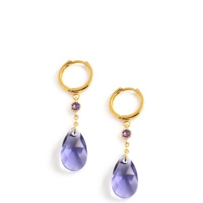 Gold hoop and Swarovski tanzanite crystal earrings