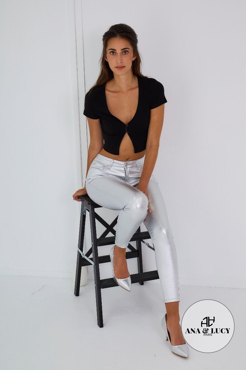 SLIM FIT BESCHICHTETE DAMENHOSE „Théophile“ – SILBER