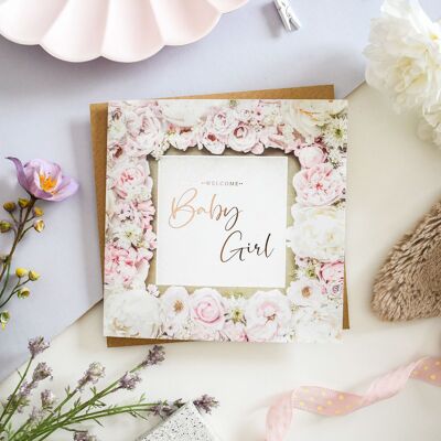 Grußkarte „Welcome Baby Girl“ mit floraler Folie