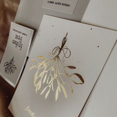 Refined Christmas card set "Mistletoe with gold"