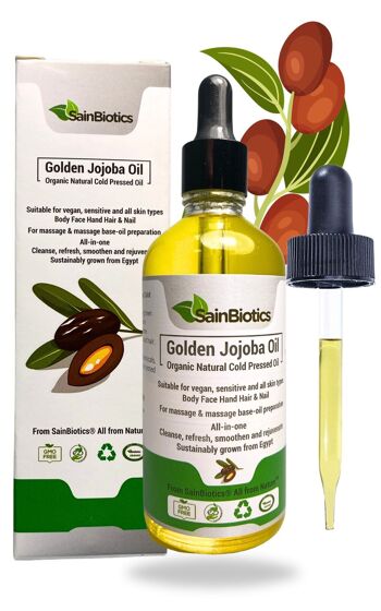 Huile de jojoba dorée Sainbiotics™ 100 ml Huile naturelle non raffinée pressée à froid non parfumée | Convient aux végétaliens Convient à tous les types de peau pour le visage, le corps, les mains et les ongles | 1