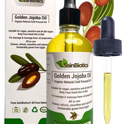 Aceite de Jojoba Dorado Sainbiotics™ 100ml Aceite Natural Sin Refinar Prensado en Frío Sin Perfume| Adecuado para veganos Adecuado para todo tipo de piel para rostro, cuerpo, manos y uñas |