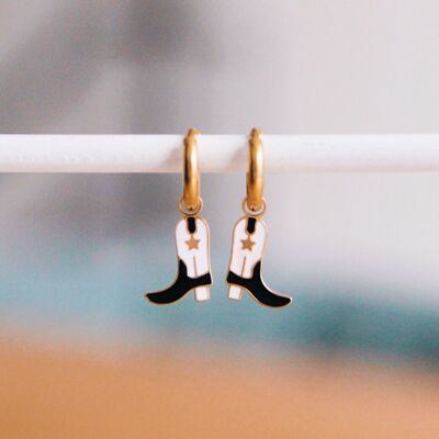 Stainless steel hoop earrings with cowboy boots - black/white