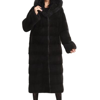 Manteau long basique en vison à capuche