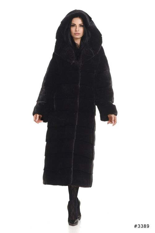 Elegant and casual long mink fur coat with hood