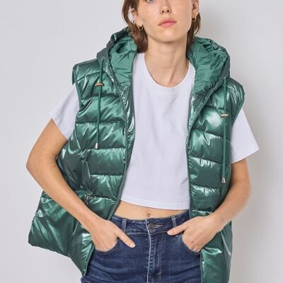 Shiny sleeveless down jacket with hood -1828