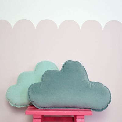 Coussin Nuage en Velours pour chambre de bébé "Gris menthe"