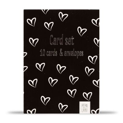 Jeu de cartes Pepa Lani / 10 cartes incl. enveloppes - Grand smiley blanc & Petits coeurs noirs