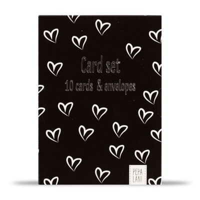 Pepa Lani card set / 10 cards incl. envelopes - Big smiley white & Small hearts black