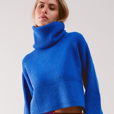 Blue ribbed knit turtleneck jumper with balloon sleeves