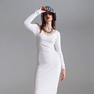 Midi bodycon knitted dress with V-neck in White