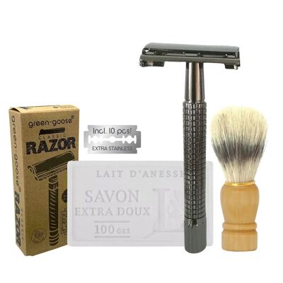 Rasoio classico green-goose con sapone da barba e pennello da barba | Nero