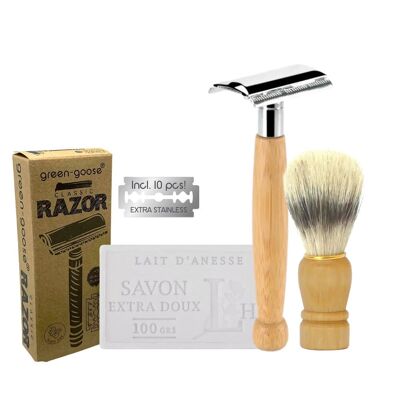 rasoir classique green-goose avec savon à raser et blaireau - Bambou