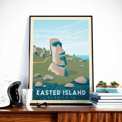 Poster di viaggio Chlili Isola di Pasqua - Statue Moai 21x29,7 cm [A4]