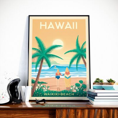 Poster di viaggio sulla spiaggia di Hawaii Waikiki - Stati Uniti 21x29,7 cm [A4]