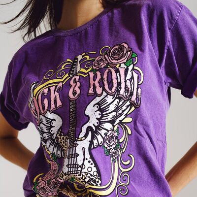 Vintage Rock and Roll Print T-shirt in Purple