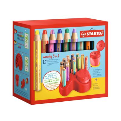Set x 15 lápices multiusos STABILO woody 3 en 1 + 1 sacapuntas con depósito + 1 bandeja de almacenamiento