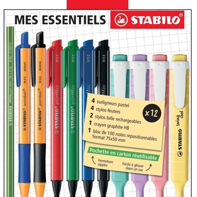Reißverschlusstasche My STABILO essentials x 12 Stück: 4 Swing Cool Pastel + 4 PointMax + 2 Pointball + 1 GREENgraph + 1 Block Haftnotizen aus FSC-Papier