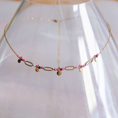 Fine stainless steel necklace with mini gemstones - pink shades