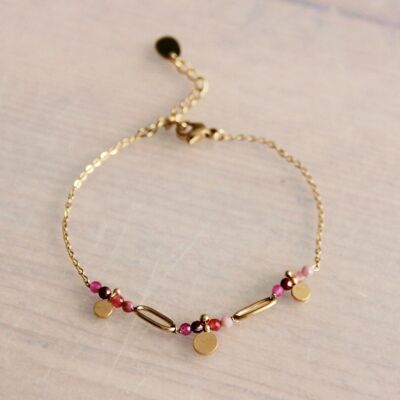 Pulsera fina de acero inoxidable con mini piedras preciosas rosas.