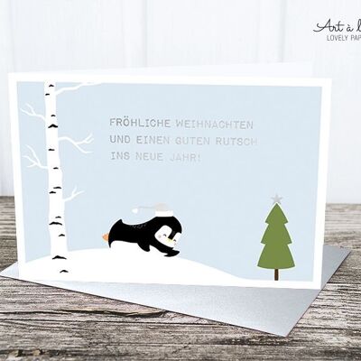 Folding card: penguin sleigh, metallic