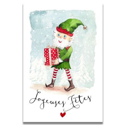 CARTE AQUARELLE LUTIN JOYEUSES FÊTES