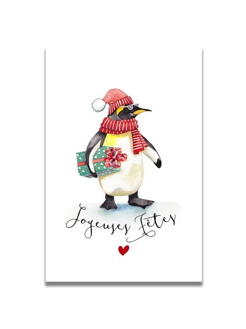 CARTE AQUARELLE JOYEUSES FÊTES PINGOUIN