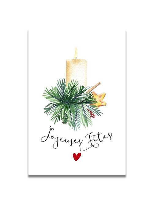 CARTE AQUARELLE JOYEUSES FÊTES BOUGIE